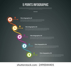 5 points or step process infographic with circle stack waterfall direction with modern dark style for slide presentation vector