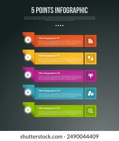 5 points or step process infographic with rectangle box stack with vertical direction with modern dark style for slide presentation vector