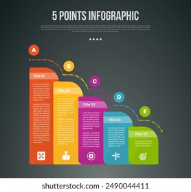 5 points or step process infographic with round shape box staircase or waterfall shape with modern dark style for slide presentation vector