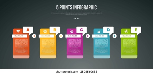 5 puntos o infografía de proceso de paso con forma de tabla creativa con caja de comentarios de rótulo de insignia con estilo oscuro moderno para Vector de presentación de diapositivas