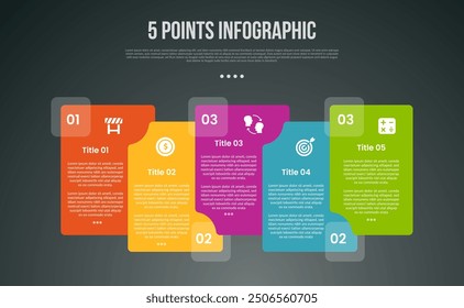 5 points or step process infographic with rectangle box pilled up and unbalance with modern dark style for slide presentation vector