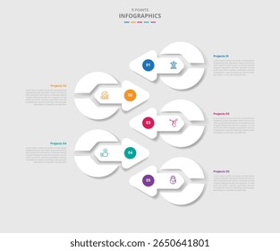 5 points template infographic with big circle arrow opposite direction on stacked list with drop shadow style with four stage list information vector