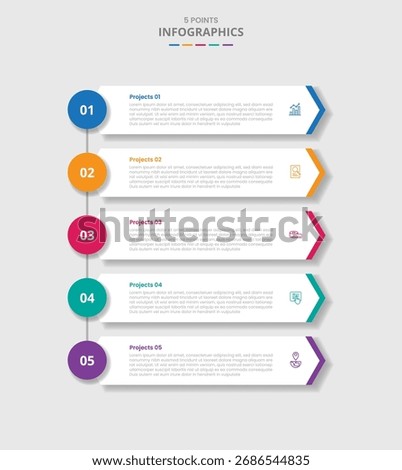 5 points template infographic with long arrow box container with stacked list vertical with drop shadow style with three stage list information vector