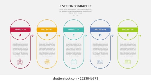 5 points template infographic outline style with 5 point stage or step template with vertical box container with circle header for slide presentation vector
