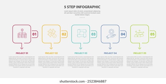 Estilo de contorno de infografía de Plantilla de 5 puntos con etapa de 5 puntos o Plantilla de paso con cuadro redondo cuadrado y dirección inferior de flecha para el Vector de presentación de diapositivas
