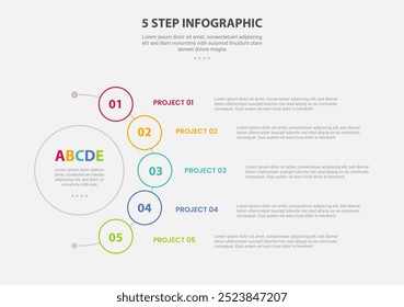 Estilo de contorno de infografía de Plantilla de 5 puntos con etapa de 5 puntos o Plantilla de paso con conexión de línea de media circunferencia circular para presentación de diapositivas