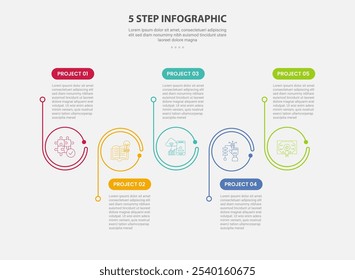 5 points template infographic outline style with 5 point step template with big circle on horizontal direction with up and down content for slide presentation vector