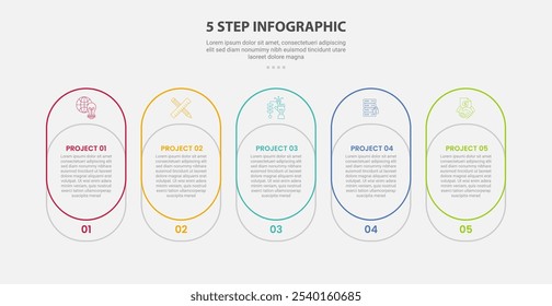 Estilo de esquema de infografía de Plantilla de 5 puntos con Plantilla de paso de 5 puntos con combinación de combinación de combinación de contenedor de caja redonda para Vector de presentación de diapositivas