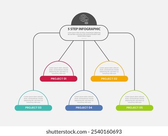 5 points template infographic outline style with 5 point step template with half circle line structure with round footer badge for slide presentation vector