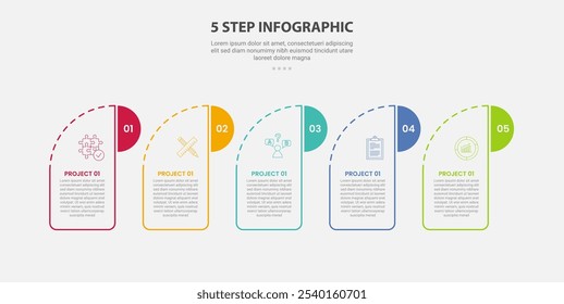Estilo de contorno de infografía de Plantilla de 5 puntos con Plantilla de paso de 5 puntos con caja creativa con encabezado redondo e insignia de medio círculo para Vector de presentación de diapositivas