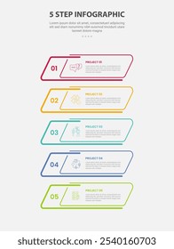 5 points template infographic outline style with 5 point step template with skew rectangle box container on vertical position for slide presentation vector