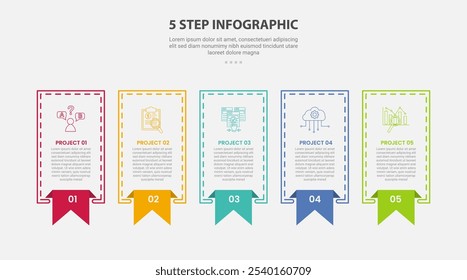 Estilo de contorno de infografía de Plantilla de 5 puntos con Plantilla de paso de 5 puntos con rectángulo afilado con insignia de cinta de marcador en el pie de página para el Vector de presentación de diapositivas