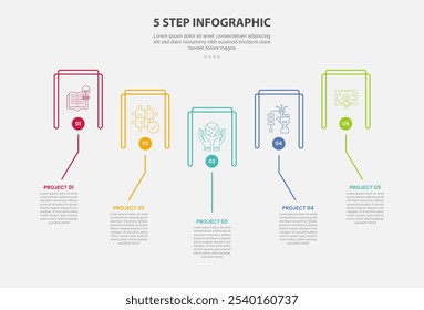 Estilo de contorno de infografía de Plantilla de 5 puntos con Plantilla de paso de 5 puntos con caja de rectángulo abierta con descripción apuntando a la línea para el Vector de presentación de diapositivas