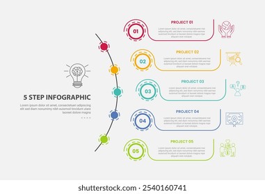 5 points template infographic outline style with 5 point step template with long half circle line with dotted circle line point for slide presentation vector