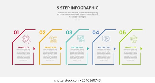 Estilo de contorno de infografía de Plantilla de 5 puntos con Plantilla de paso de 5 puntos con contenedor de caja de rectángulo oblicuo con dirección de flecha Pequeña para Vector de presentación de diapositivas