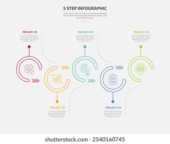 Estilo de contorno de infografía de Plantilla de 5 puntos con Plantilla de paso de 5 puntos con círculo abierto hacia arriba y hacia abajo estilo de línea de tiempo para el Vector de presentación de diapositivas