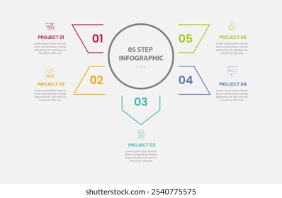 modelo de 5 pontos estilo de contorno infográfico com modelo de passo de 5 pontos com círculo grande e seta espalhando ao redor para o vetor de apresentação de slide