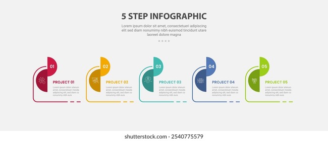 5 points template infographic outline style with 5 point step template with half circle slice opposite position with timeline style for slide presentation vector