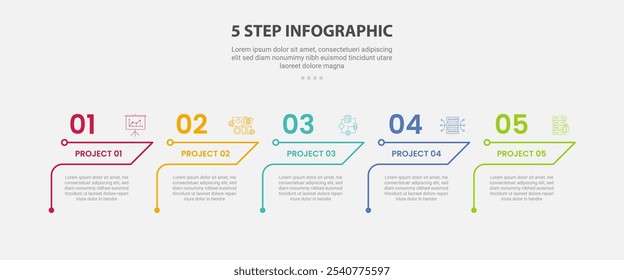 modelo de 5 pontos infográfico estilo de contorno com modelo de passo de 5 pontos com conteúdo criativo tabela com cabeçalho de linha de seta para vetor de apresentação de slide