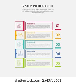 modelo de 5 pontos estilo de contorno infográfico com modelo de passo de 5 pontos com contêiner de caixa retangular quadrada e nítida na posição de pilha vertical para o vetor de apresentação de slide