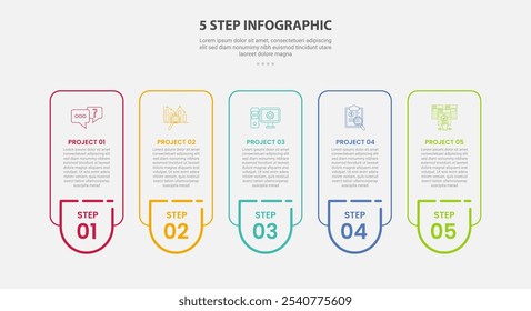 Estilo de contorno de infografía de Plantilla de 5 puntos con Plantilla de paso de 5 puntos con contenedor de caja de Vertical redonda con insignia en la parte inferior para Vector de presentación de diapositivas