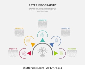 modelo de 5 pontos infográfico estilo de contorno com modelo de passo de 5 pontos com semicírculo e seta espalhando para o vetor de apresentação de slide