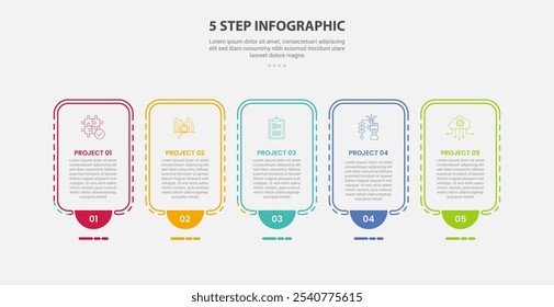 modelo de 5 pontos estilo de contorno infográfico com modelo de passo de 5 pontos com contêiner de caixa redonda com símbolo inferior de meio círculo para vetor de apresentação de slide