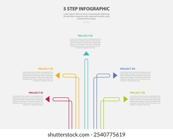 5 points template infographic outline style with 5 point step template with creative arrow line spreading around for slide presentation vector