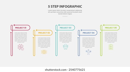 modelo de 5 pontos infográfico estilo de contorno com modelo de passo de 5 pontos com tabela aberta com cabeçalho de seta para cima e para baixo para vetor de apresentação de slide