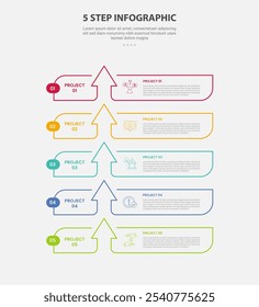 Estilo de contorno de infografía de Plantilla de 5 puntos con Plantilla de paso de 5 puntos con contenedor de caja creativa con estructura de pila de dirección superior de flecha para Vector de presentación de diapositivas