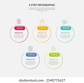 5 points template infographic outline style with 5 point step template with big circle dotted line combination for slide presentation vector