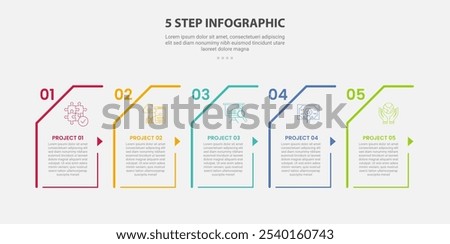 5 points template infographic outline style with 5 point step template with skew rectangle box container with small arrow direction for slide presentation vector