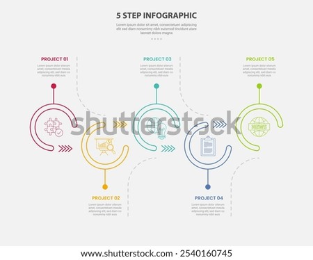 5 points template infographic outline style with 5 point step template with open circle up and down timeline style for slide presentation vector