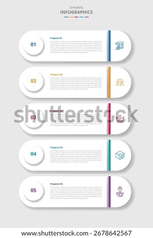 5 points template infographic with round rectangle with stacked list vertical and circle badge on edge with drop shadow style with four stage list information vector