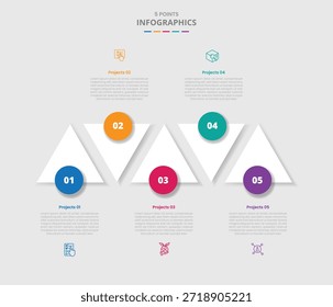 Infografía de Plantilla de 5 puntos con flecha triangular hacia arriba y hacia abajo con insignia circular con estilo de sombra paralela con Vector de información de lista de tres etapas