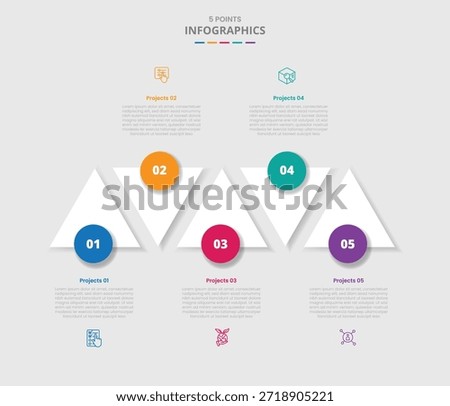 5 points template infographic with triangle arrow up and down with circle badge with drop shadow style with three stage list information vector