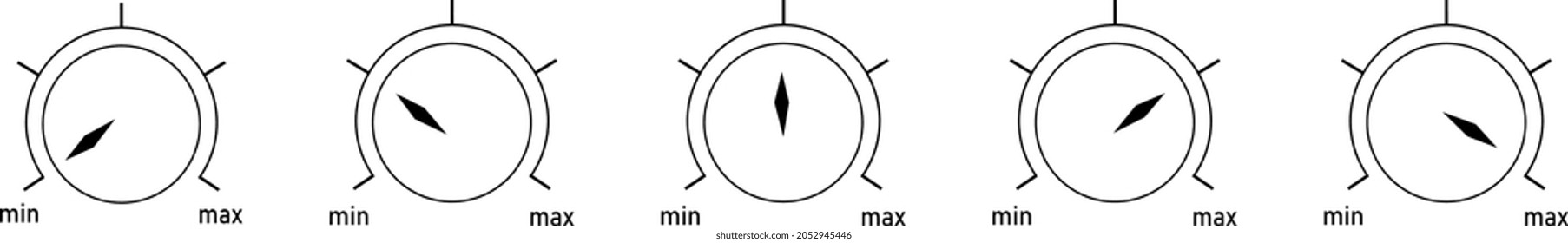 5 positions with minimum and maximum. Round measuring circles. 360 degrees scale circle with lines, circular dial and scales meter vector set.