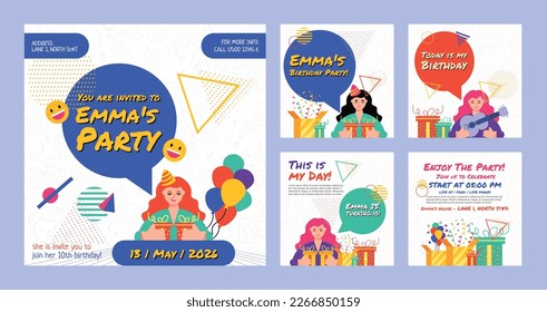 5 Colección de posts para celebración de cumpleaños. Tarjeta de felicitación de cumpleaños e invitación de fiesta Plantillas de medios sociales, ilustración vectorial.