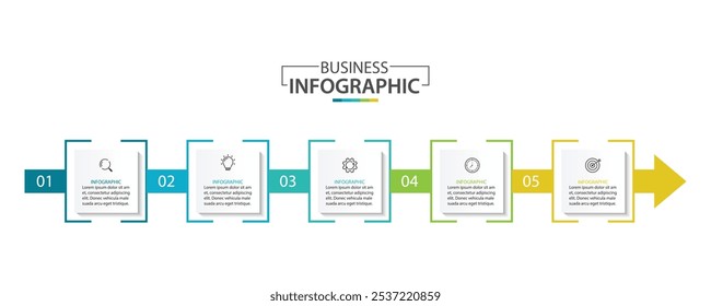 5 modelo de design de setas infográficas de processo. Estratégia e apresentação de negócios. Ilustração vetorial.