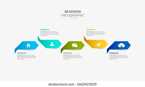 Plantilla de diseño de 5 flechas de infografía de proceso. Presentación de Planificación, Marketing, Estrategia y Negocios. Ilustración vectorial.