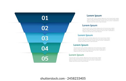 5 Proceso o pasos. Plantilla de diseño de infografía de negocios de embudo de ventas. Ilustración vectorial.