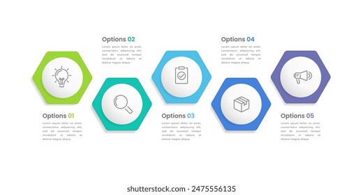 5 processes or option that drive your business forward to success. Infographic hexagon and circle design template. Business presentation, Report and Planning. Vector illustration.