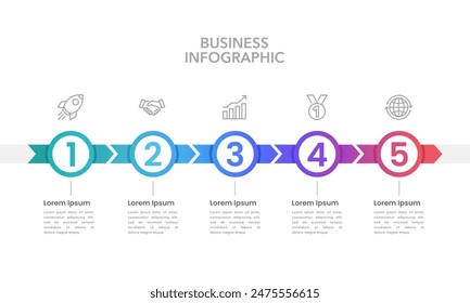 5 processes that drive your business forward to success. Infographic arrows and circles design template. Business presentation, Report and Planning. Vector illustration.