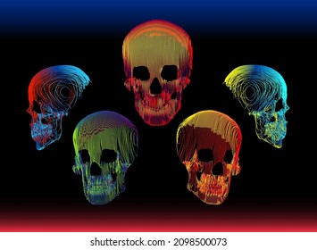 5 psychedelic gradient colorful skull vector illustration in abstract minimal line-art style isolated on dark background.