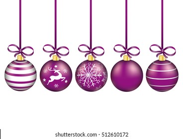 5 purple christmas baubles with ribbons on the white background. Eps 10 vector file.