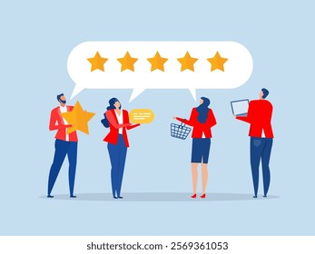 5 rating feedback, Business analyst various customer people giving 5 stars review for quality service Customer loyalty vector illustrator