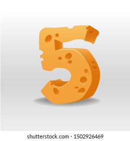 5. Realistic figure of cheese. 3D vector illustration. Numeral five of cheesy font. Element for banner, poster, card, flyer design.