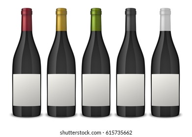 5 realistic vector black wine bottles with white labels isolated on white background. Design template in EPS10.
