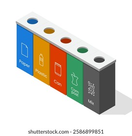 5 recycle bins categorized by color and label . 3D isometric illustration. Isolated vector for banner, poster, presentation, infographic,  web, apps, and other uses.