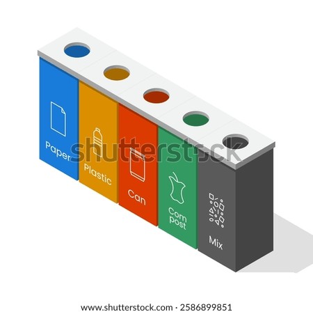 5 recycle bins categorized by color and label . 3D isometric illustration. Isolated vector for banner, poster, presentation, infographic,  web, apps, and other uses.